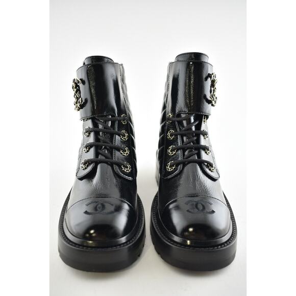 Chanel 21A Black Shiny Patent Quilted Gold CC Chain Combat Ankle Short Boot 37 - Picture 5 of 11